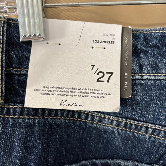 KanCan Relaxed Fit Distressed Jeans Size 7 / 27 Dark Wash High Rise Raw Hem - Picture 3 of 4